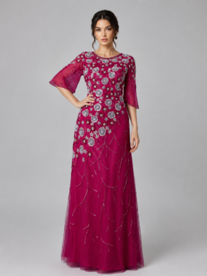 Floral Crystal Beaded Flare Sleeve Mesh Maxi Dress
