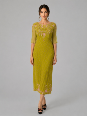 Round Neck Floral Beaded Mesh Midi Party Dress