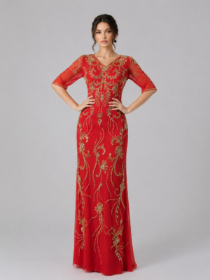 V-Neck Elbow Sleeve Floral Beaded Sheath Evening Gown