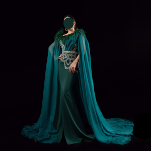 emerald green mermaid evening gown with cape feather trim formal dress