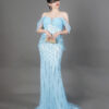 Light blue off-the-shoulder mermaid evening gown with beaded details, luxury formal dress for wedding prom