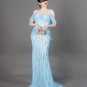 Light blue off-the-shoulder mermaid evening gown with beaded details, luxury formal dress for wedding prom