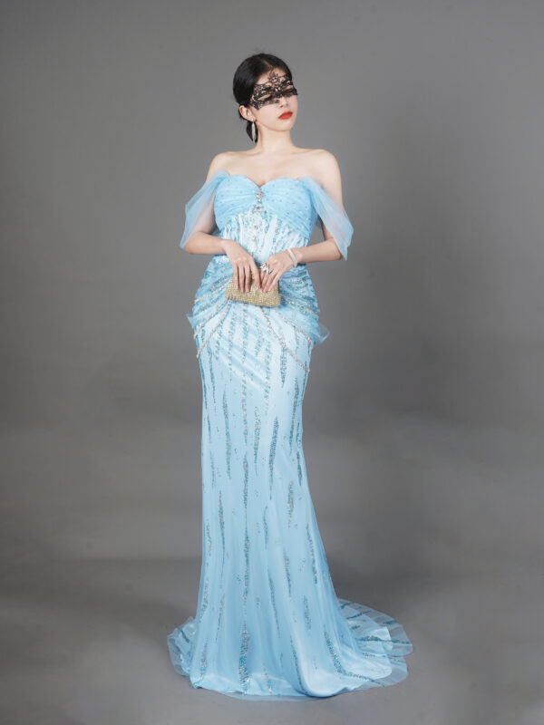Light blue off-the-shoulder mermaid evening gown with beaded details, luxury formal dress for wedding prom