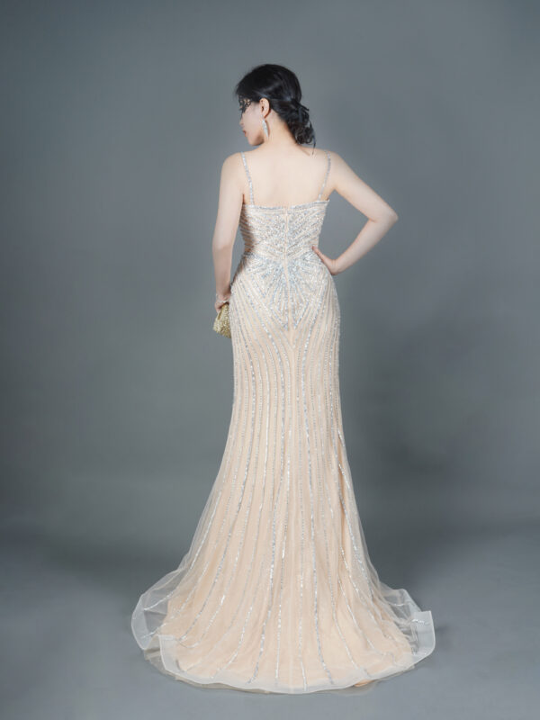 Nude silver beaded prom dress with V-neck straps, elegant mermaid formal gown for women