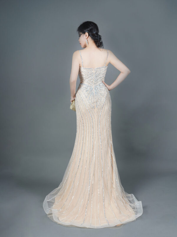 Nude silver beaded prom dress with V-neck straps, elegant mermaid formal gown for women