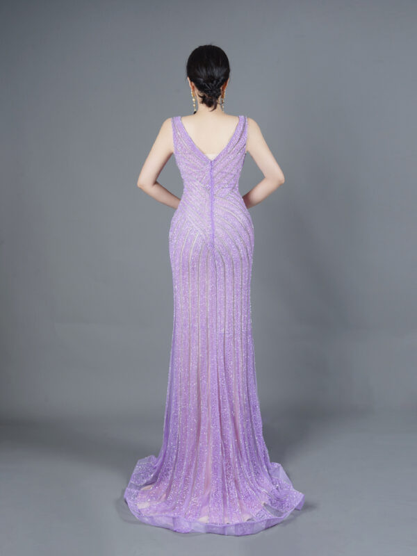 Purple silver beaded prom dress with V-neck, elegant mermaid formal gown for women