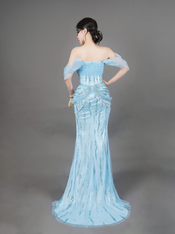 Sky blue beaded strapless mermaid formal dress with tulle sleeves, luxury evening gown for gala red carpet