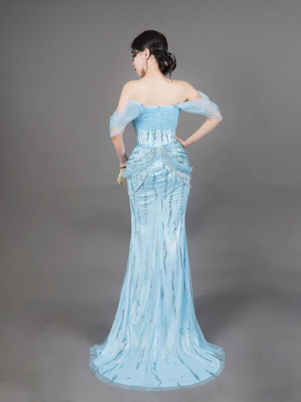 Sky blue beaded strapless mermaid formal dress with tulle sleeves, luxury evening gown for gala red carpet