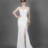 White satin mermaid evening gown with spaghetti straps, luxury formal dress with slit for wedding bride