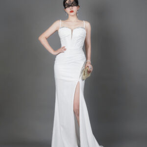 White satin mermaid evening gown with spaghetti straps, luxury formal dress with slit for wedding bride