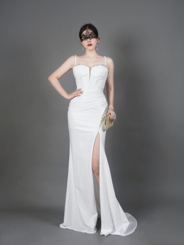 White satin mermaid evening gown with spaghetti straps, luxury formal dress with slit for wedding bride