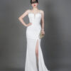 White satin mermaid evening gown with spaghetti straps, luxury formal dress with slit for wedding bride