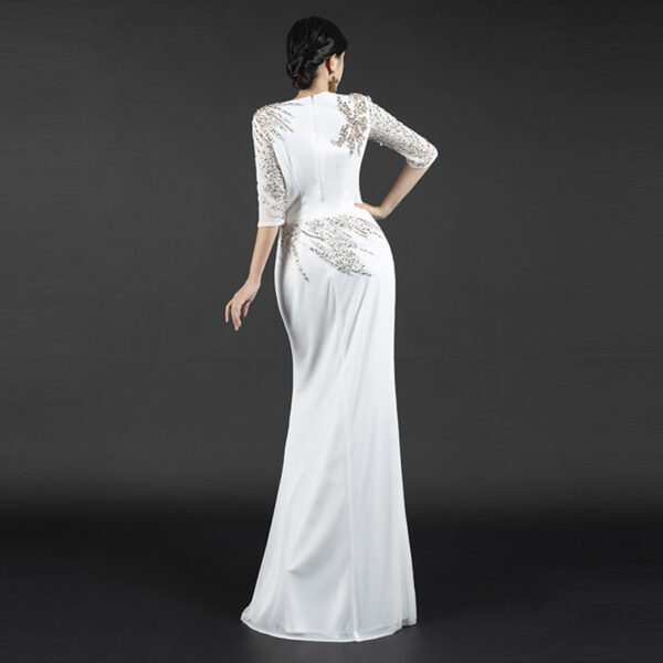 White Evening Gown with Asymmetric Diamond Embellishments | Half-Sleeve Formal Dress