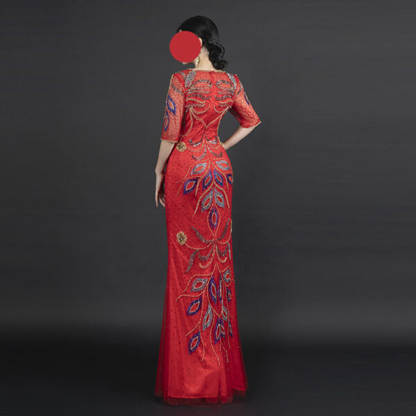 Red & Gold Peacock Beaded Evening Gown | Half-Sleeve Formal Dress for Arabic Weddings & Gala Events