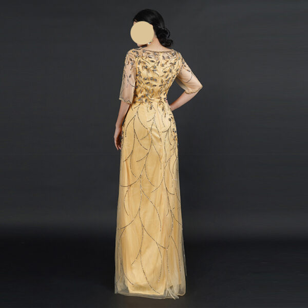 Champagne Tulle Evening Gown with Beaded Vine Embroidery | Half-Sleeve Formal Dress for Weddings