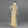 Pale Gold Tulle Half-Sleeve Mermaid Gown | Hand Beaded Floral Embroidery Evening Dress