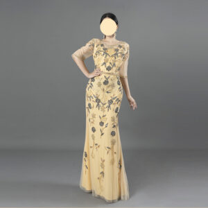 Pale Gold Tulle Half-Sleeve Mermaid Gown | Hand Beaded Floral Embroidery Evening Dress