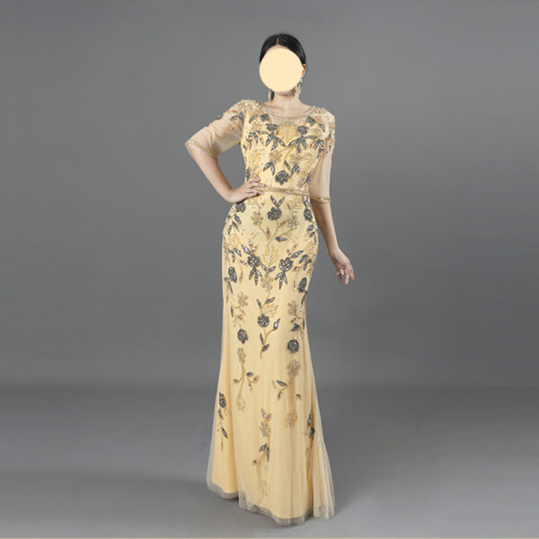 Pale Gold Tulle Half-Sleeve Mermaid Gown | Hand Beaded Floral Embroidery Evening Dress