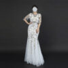 Elegant White Mermaid Evening Gown with Gold Beaded Embroidery & Half-Sleeve Tulle Formal Dress for Wedding Prom
