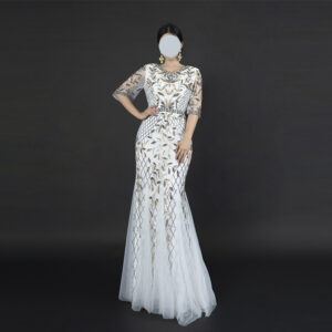 Elegant White Mermaid Evening Gown with Gold Beaded Embroidery & Half-Sleeve Tulle Formal Dress for Wedding Prom