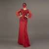 Bright Red Mermaid Evening Gown All-Over Sequin with Feather Trim Long Sleeve Formal Dress for Prom Wedding
