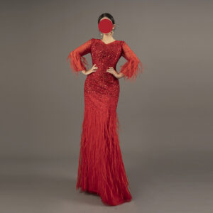Bright Red Mermaid Evening Gown All-Over Sequin with Feather Trim Long Sleeve Formal Dress for Prom Wedding