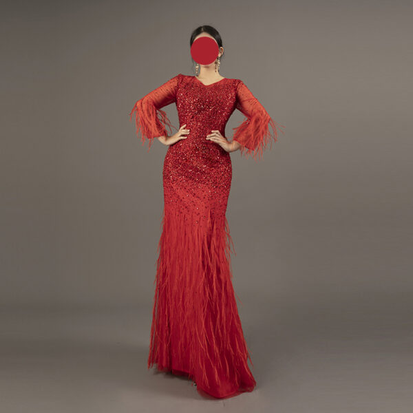 Bright Red Mermaid Evening Gown All-Over Sequin with Feather Trim Long Sleeve Formal Dress for Prom Wedding