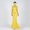 Yellow Sequin Feather Evening Gown - V-Neck Half-Sleeve Slim Fit Formal Dress