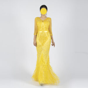 Yellow Sequin Feather Evening Gown - V-Neck Half-Sleeve Slim Fit Formal Dress