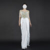 White Evening Gown with flower Embroidery Half-Sleeve Sheer Overlay Flowy Ruffled Formal Dress