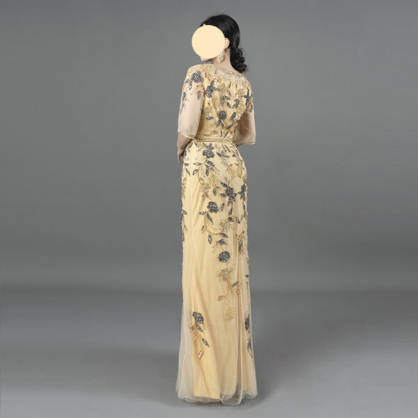 Pale Gold Tulle Half-Sleeve Mermaid Gown | Hand Beaded Floral Embroidery Evening Dress
