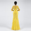 Yellow Sequin Feather Evening Gown - V-Neck Half-Sleeve Slim Fit Formal Dress