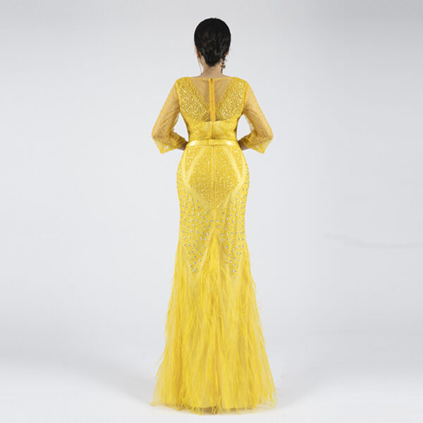 Yellow Sequin Feather Evening Gown - V-Neck Half-Sleeve Slim Fit Formal Dress