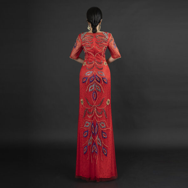 Red & Gold Peacock Beaded Evening Gown | Half-Sleeve Formal Dress for Arabic Weddings & Gala Events