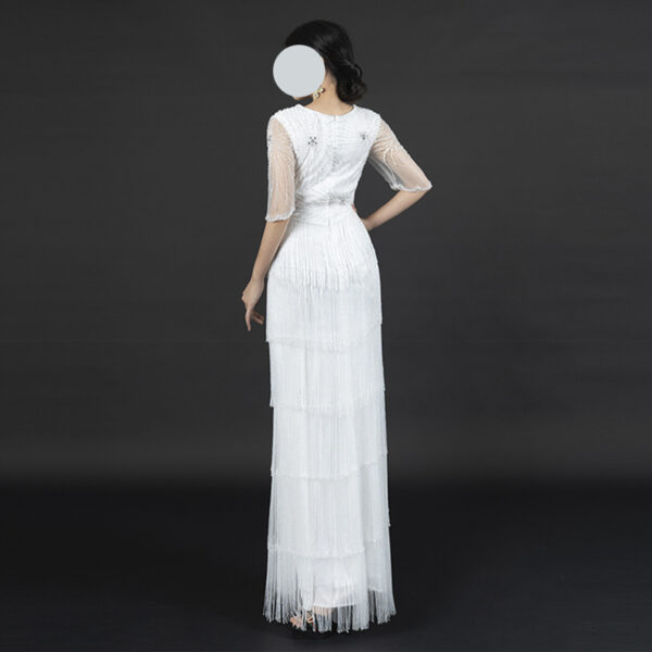 Luxury White Fringe Formal Gown | Beaded Detail & Tiered Tassel Design for Middle Eastern Celebrations