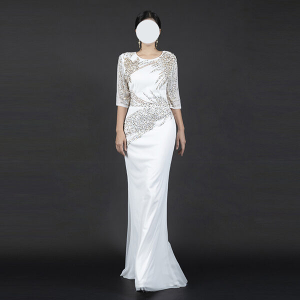 White Evening Gown with Asymmetric Diamond Embellishments | Half-Sleeve Formal Dress