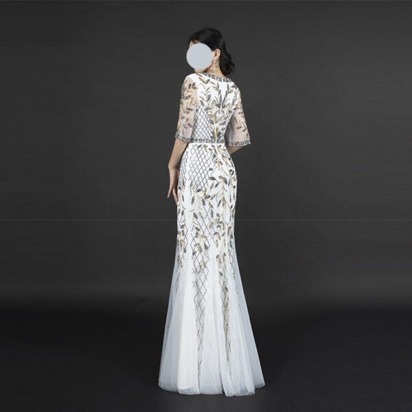 Elegant White Mermaid Evening Gown with Gold Beaded Embroidery & Half-Sleeve Tulle Formal Dress for Wedding Prom