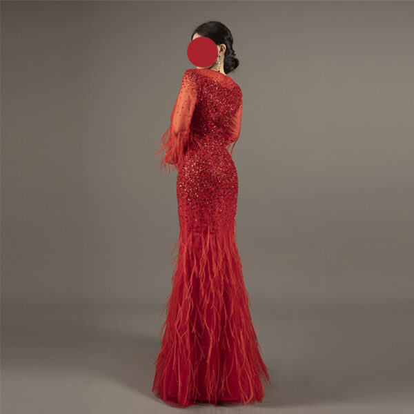 Bright Red Mermaid Evening Gown All-Over Sequin with Feather Trim Long Sleeve Formal Dress for Prom Wedding