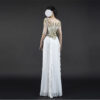 White Evening Gown with flower Embroidery Half-Sleeve Sheer Overlay Flowy Ruffled Formal Dress