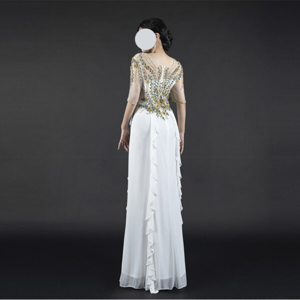 White Evening Gown with flower Embroidery Half-Sleeve Sheer Overlay Flowy Ruffled Formal Dress