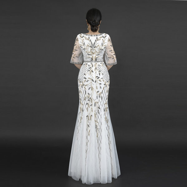 Elegant White Mermaid Evening Gown with Gold Beaded Embroidery & Half-Sleeve Tulle Formal Dress for Wedding Prom