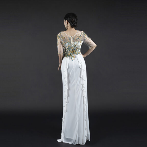White Evening Gown with flower Embroidery Half-Sleeve Sheer Overlay Flowy Ruffled Formal Dress