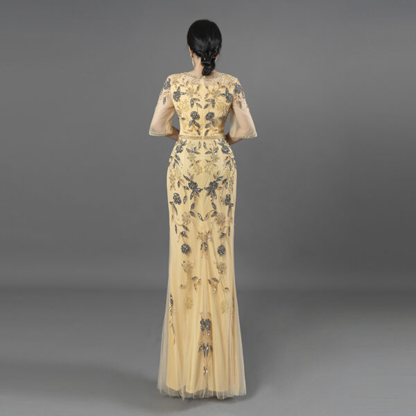 Pale Gold Tulle Half-Sleeve Mermaid Gown | Hand Beaded Floral Embroidery Evening Dress