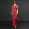 Red & Gold Peacock Beaded Evening Gown | Half-Sleeve Formal Dress for Arabic Weddings & Gala Events