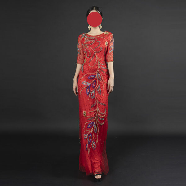 Red & Gold Peacock Beaded Evening Gown | Half-Sleeve Formal Dress for Arabic Weddings & Gala Events