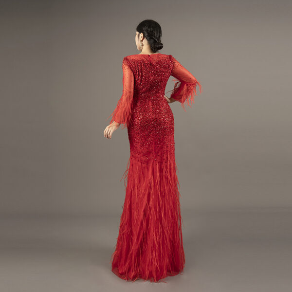 Bright Red Mermaid Evening Gown All-Over Sequin with Feather Trim Long Sleeve Formal Dress for Prom Wedding