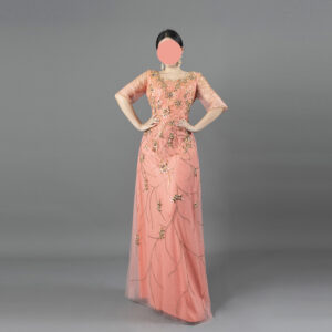 Coral Tulle Half-Sleeve Evening Gown | Hand Beaded Floral & Vine Embroidery Formal Dress for Weddings