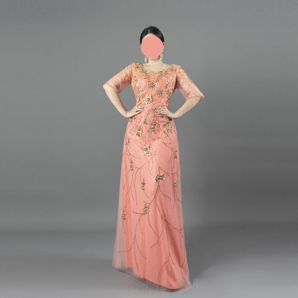 Coral Tulle Half-Sleeve Evening Gown | Hand Beaded Floral & Vine Embroidery Formal Dress for Weddings