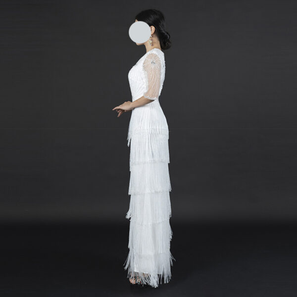Luxury White Fringe Formal Gown | Beaded Detail & Tiered Tassel Design for Middle Eastern Celebrations