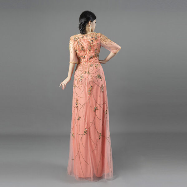 Coral Tulle Half-Sleeve Evening Gown | Hand Beaded Floral & Vine Embroidery Formal Dress for Weddings